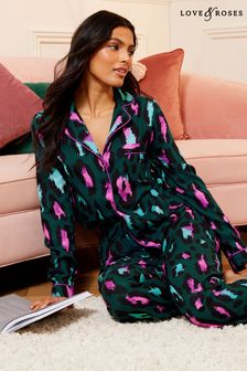 Love & Roses Green Leopard Super Soft Button Through Pyjamas (K65618) | €56