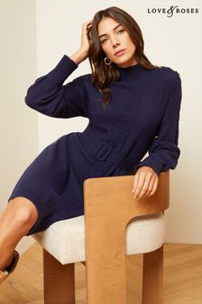 Love & Roses Navy Blue Cable Knit Button Shoulder Belted Knitted Mini Dress (K65627) | €72