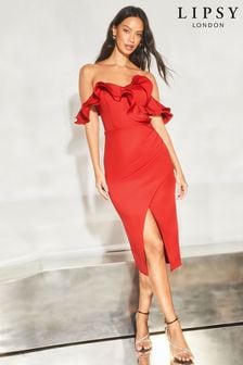 أحمر - فستان متوسط الطول ملفوف بفتحة وبكتف مكشوف يحمل كشكشة من Lipsy (K65733) | 375 ر.س