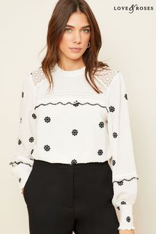 Love & Roses Ivory White Embroidery Petite High Neck Lace Trim Long Sleeve Blouse (K65766) | 2,231 UAH