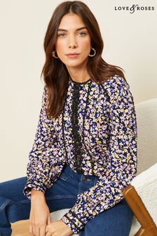 Love & Roses Navy Blue Ditsy Petite Printed Crew Neck Lace Trim Long Sleeve Blouse (K65782) | AED211