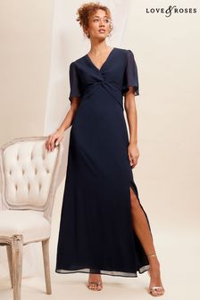 Love & Roses Navy Blue Twist Front Flutter Sleeve Lace Insert Maxi Dress (K65791) | AED527