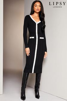 Lipsy Black/White Button V Neck Long Sleeve Bodycon Midi Dress (K65797) | €75