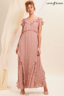 Love & Roses Pink Metallic Ruffle Detail Tie Back Maxi Dress (K65809) | $187