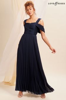 Love & Roses Navy Blue Cami Cold Shoulder Pleated Belted Maxi Bridesmaid Dress (K65816) | 606 SAR