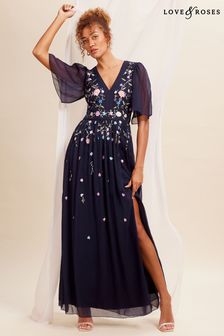 Love & Roses Navy Blue Embellished Chiffon Flutter Sleeve Maxi Dress (K65817) | €142