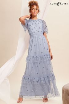 Love & Roses Blue Embellished Mesh Tiered Maxi Bridesmaid Dress (K65820) | $264
