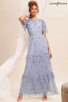 Love & Roses Blue Embellished Mesh Tiered Maxi Bridesmaid Dress (K65820) | $206