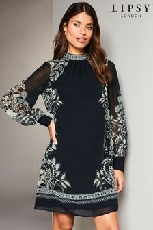 Lipsy Black/White Placement Printed Long Sleeve Shift Mini Dress (K65835) | $98