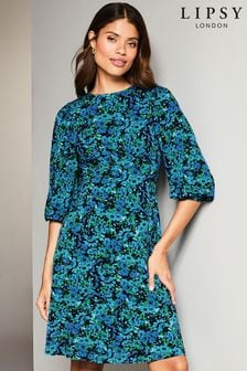 Blauw fijne bloemenprint - Lipsy - Jersey onderbustemini-jurk met pofmouwen (K65837) | €65