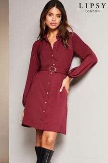 Lipsy Berry Red Woven Belted Button Through Mini Shirt Dress (K65842) | kr620