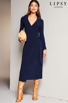 Lipsy Blue Jersey Wrap V Neck Ruched Hardware Midi Shirt Dress (K65843) | ₪ 184