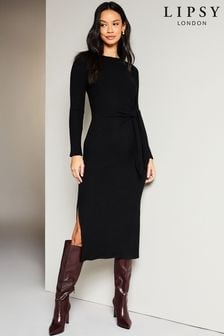 Zwart - Lipsy - Behaaglijke midi-jurk met ronde hals, lange mouwen en gestrikte zijkant (K65844) | €65