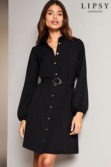 שחור - שמלת מיני חולצה עם כפתור חגורת Lipsy ארוג (K65848) | ‏140 ‏₪