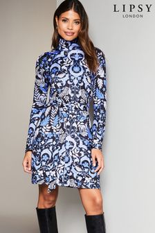 Lipsy Blue Jersey Tie Waist High Neck Long Sleeve Shift Mini Dress (K65857) | €19.50