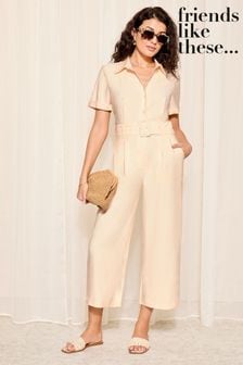 Friends Like These Cream Short Sleeve Belted Utility Tailored Jumpsuit (K65910) | $110