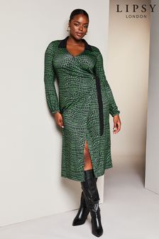 Lipsy Green Curve Jersey Wrap V Neck Ruched Hardware Midi Shirt Dress (K65915) | $105