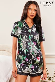 Lipsy Black Tigerlily Satin Short Sleeve Shorts Pyjamas (K66218) | $72