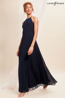 Love & Roses Navy Blue Petite Pleated Lace Insert Bridesmaid Maxi Dress (K66305) | AED499