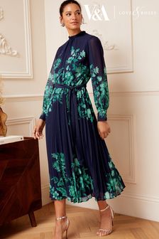 V&A | Love & Roses Navy Blue and Green Floral Print Ruffle Neck Pleated Long Sleeve Midi Dress (K66449) | €47