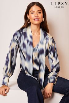 Lipsy Blue Blurred Print Pussybow Neck Long Sleeve Blouse (K66956) | $57