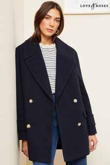 Love & Roses Navy Blue Petite Double Breasted Peacoat (K66970) | $193