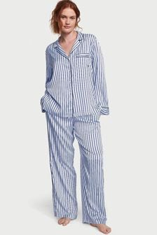 Victoria's Secret Blue Crescent Logo Stripe Satin Long Pyjamas (K67303) | €79