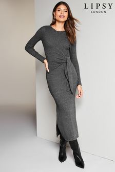 Siva - Lipsy srednje dolga obleka iz džersija z dolgimi rokavi, okroglim ovratnikom in zavezovanjem ob strani (K67345) | €46