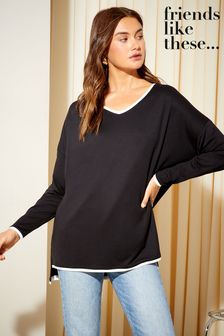 Friends Like These Black/White Tipped Soft Jersey V Neck Long Sleeve Tunic Top (K67467) | AED133