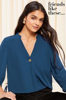 Friends Like These Grandad Collar V Neck 3/4 Length Sleeve Button Blouse