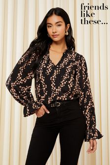 Friends Like These Black Floral Long Sleeve Tie Neck Blouse (K67492) | $43