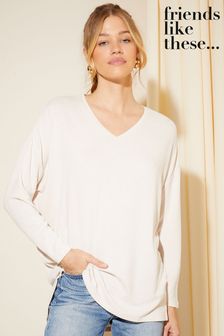 Friends Like These Oatmeal Cream Petite Oversized V Neck Cosy Jersey Long Sleeve Sweat Top (K67498) | ₪ 116