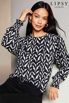 Lipsy Black/White Printed Puff Long Sleeve Shirred Top (K67772) | kr348