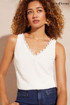 Slonokoščena bela dobby - Love & Roses tkana majica brez rokavov z V-izrezom in V-izrezom (K67972) | €32