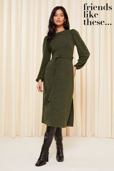 Friends Like These Khaki Green Soft Touch Knitted Belted Midi Dress (K67986) | 55 €