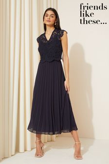 Friends Like These V Neck Pleated Lace Midi Dress