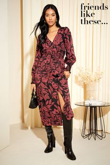 Friends Like These Red Floral V Neck Shirred Waist Long Puff Sleeve Midi Dress (K68031) | 58 €