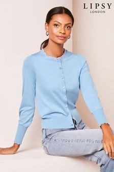 Lipsy Chambray Blue Scallop Detail Crew Neck Button Through Cardigan (K68296) | AED126