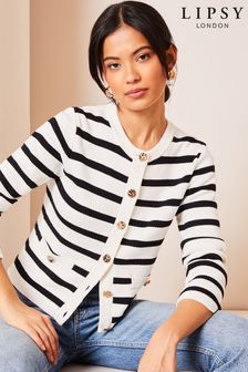 Kolor kości słoniowej i czerń - Lipsy Knitted Stripe Button Through Cardigan (K68298) | 285 zł