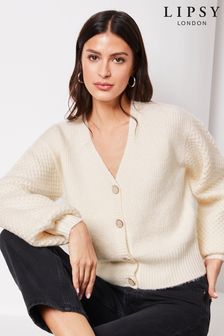 Lipsy Ivory White Long Puff Sleeve Knitted Cardigan (K68302) | ₪ 154