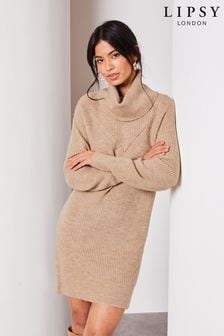 Lipsy Neutral Long Sleeve Cowl Neck Knitted Jumper Dress (K68312) | $79