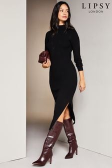 Lipsy Black Long Sleeve High Neck Ribbed Bodycon Dress (K68314) | $85