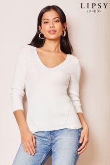 Lipsy Ivory White Long Sleeve V Neck Button Knitted Jumper (K68315) | kr640