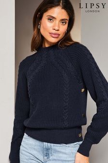 Granatowa - Lipsy dzianinowy sweter z długim rękawem i splotem warkoczowym (K68320) | 270 zł