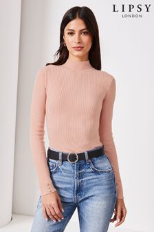 Lipsy Pale Pink High Neck Ribbed Knit Jumper (K68321) | AED134