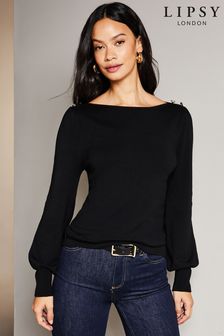 Črna - Lipsy pleten pulover z dolgimi rokavi in ladjica ovratnikom (K68328) | €14