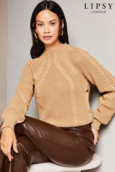 Lipsy Camel Long Sleeve Cable Knitted Jumper (K68336) | AED94