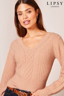 Lipsy Pale Pink Petite V Neck Cable Knitted Jumper (K68633) | ₪ 133