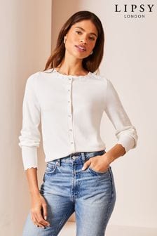 Lipsy Ivory White Petite Scallop Detail Crew Neck Button Through Cardigan (K68637) | kr490