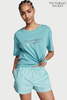 Victoria's Secret Fountain Blue Logo Stripe Cotton T-Shirt Short Pyjamas (K68721) | €45